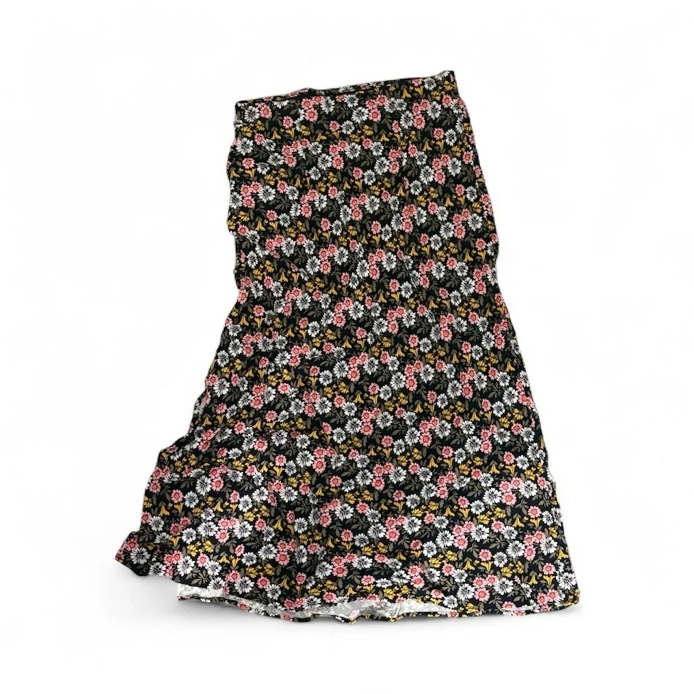 LOFT black floral midi skirt with daisy print | Fall | Slit | Elastic Waist xs